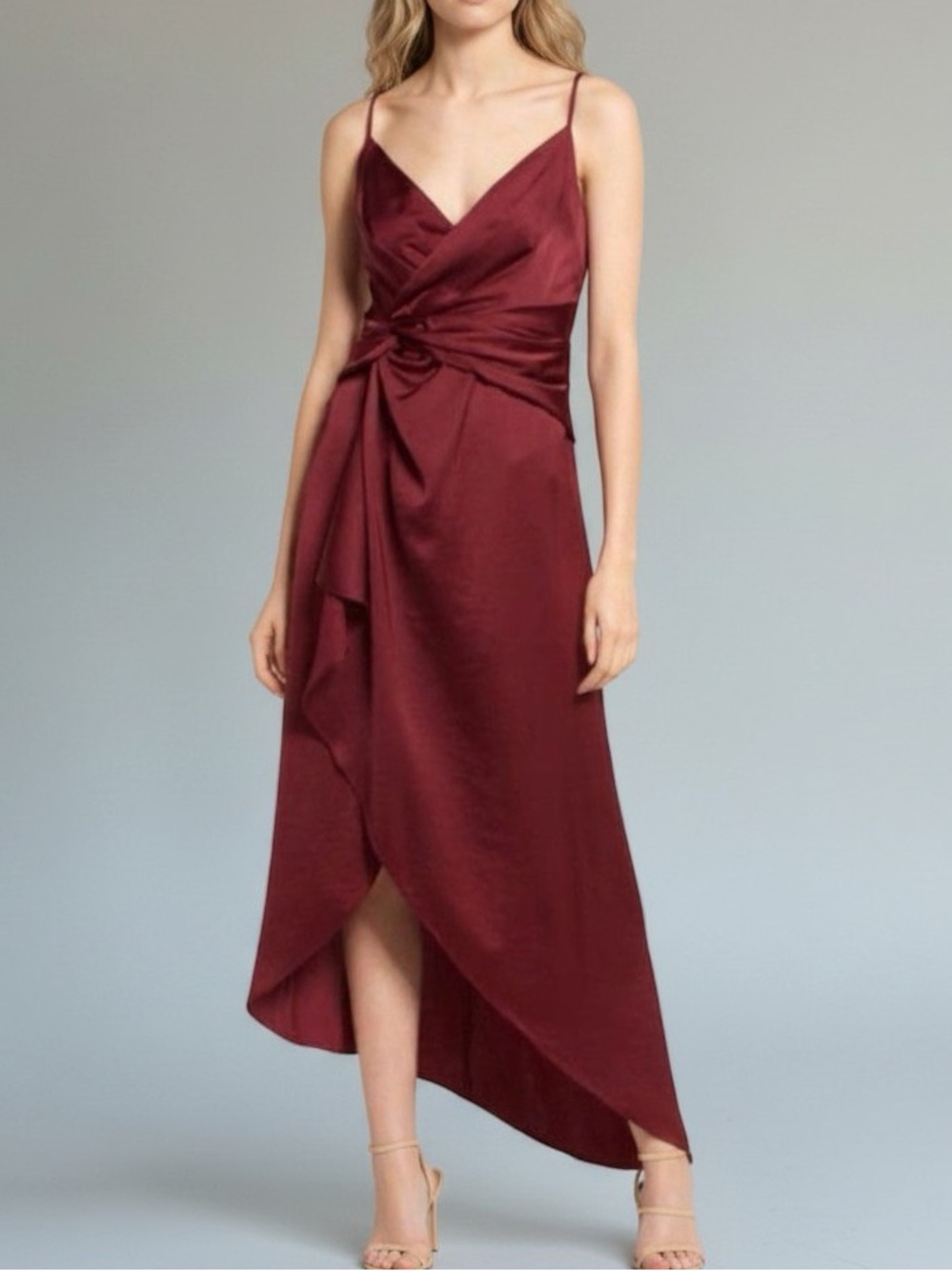 Significant Other Elise Sleeveless Satin Dress Wine Maroon High Low Midi Coktail